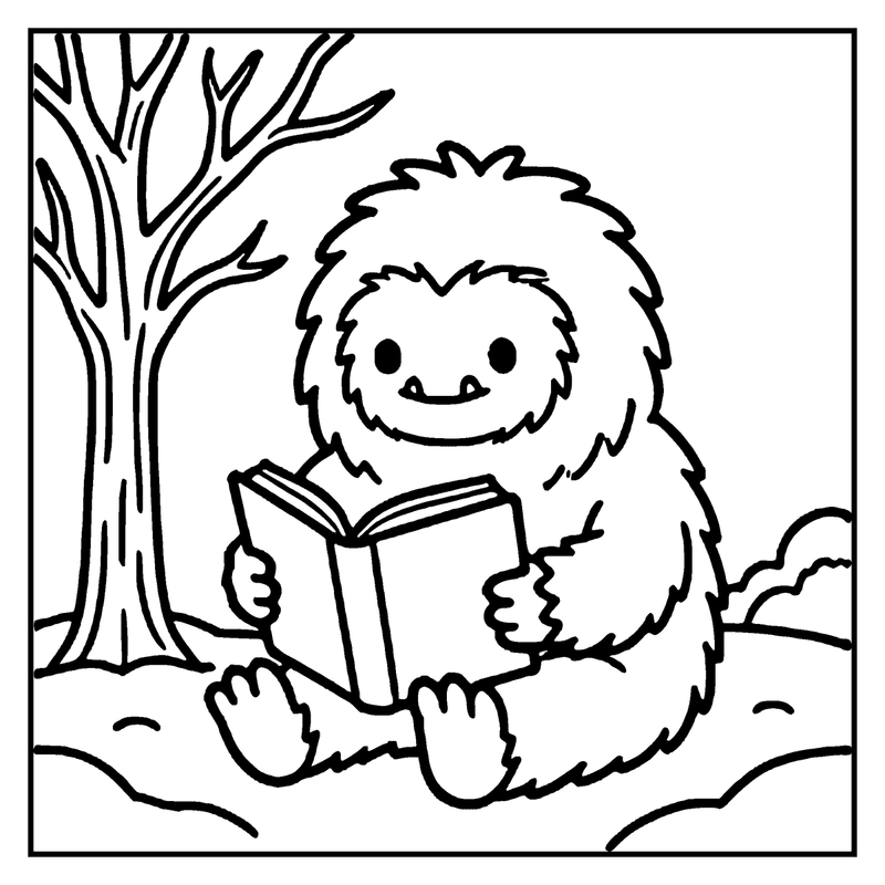 A fluffy creature sits under a tree, reading a book, a monster coloring page