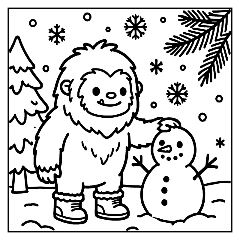A fluffy creature stands next to a snowman, surrounded by snowflakes and trees, a monster coloring page