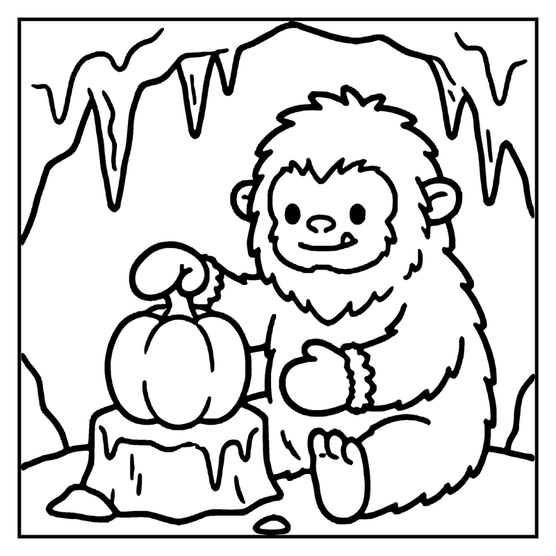 A fluffy, furry creature is carving a pumpkin in a snowy cave, a monster coloring page