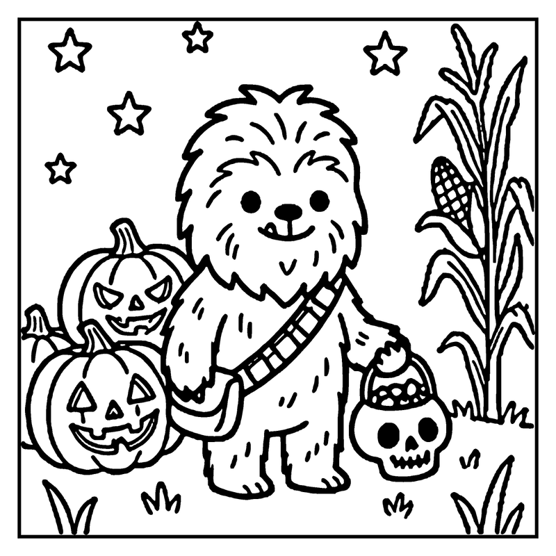 A fluffy, furry creature stands next to pumpkins and a corn plant, holding a skull-shaped basket, with stars in the background, a monster coloring page