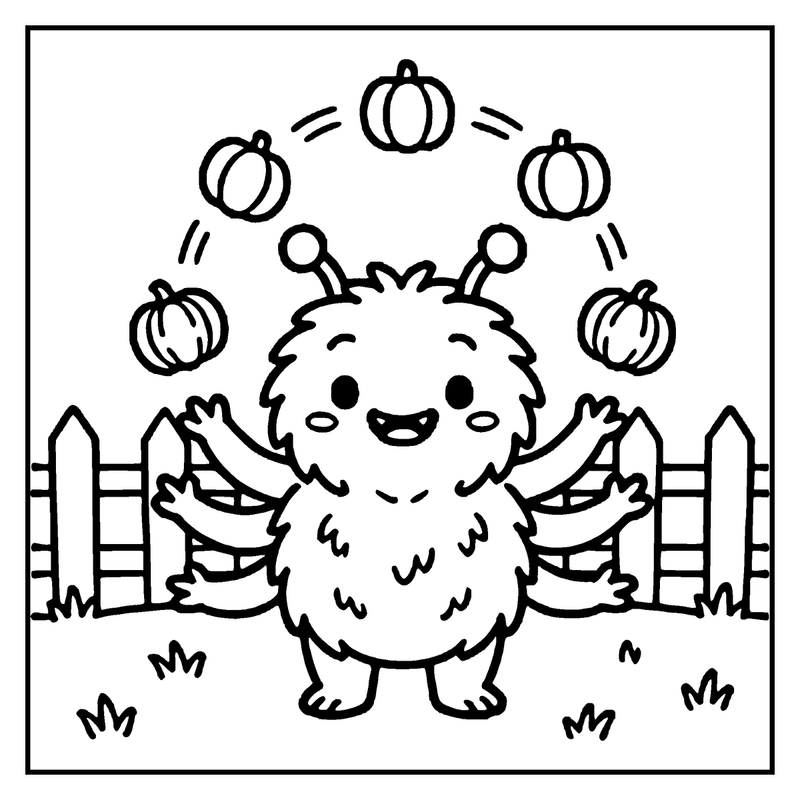 A fluffy, happy creature juggling pumpkins in a fenced yard, a monster coloring page
