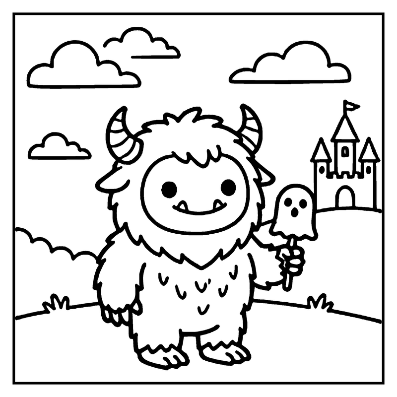 A fluffy, horned creature holds a ghost-shaped ice cream in a whimsical landscape with a castle and clouds