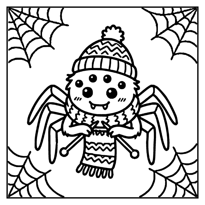 A friendly spider wearing a striped hat and scarf is happily spinning a web in a snowy setting, a monster coloring page