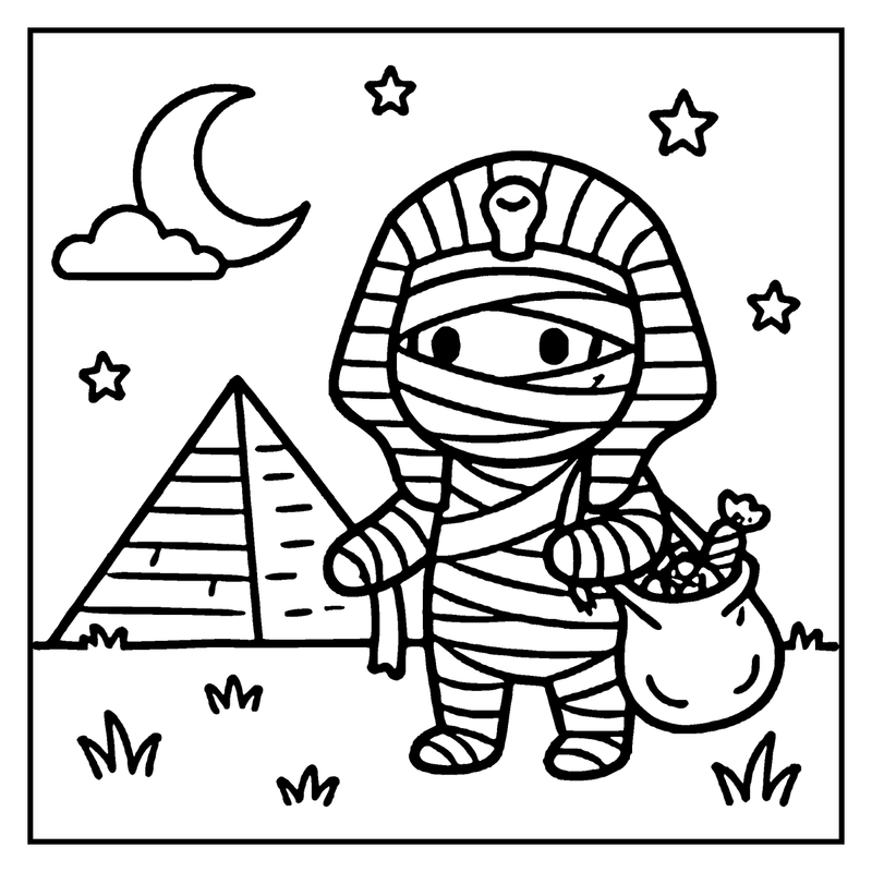 A mummy character is trick-or-treating with a pyramid and stars in the background, a monster coloring page