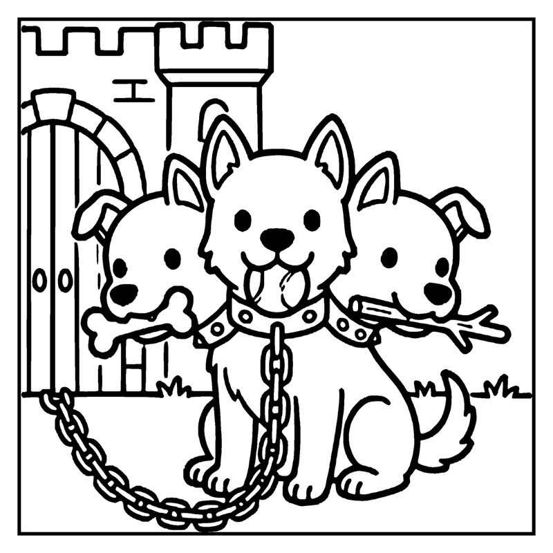 Three puppies with bones and chains in front of a castle gate, a monster coloring page