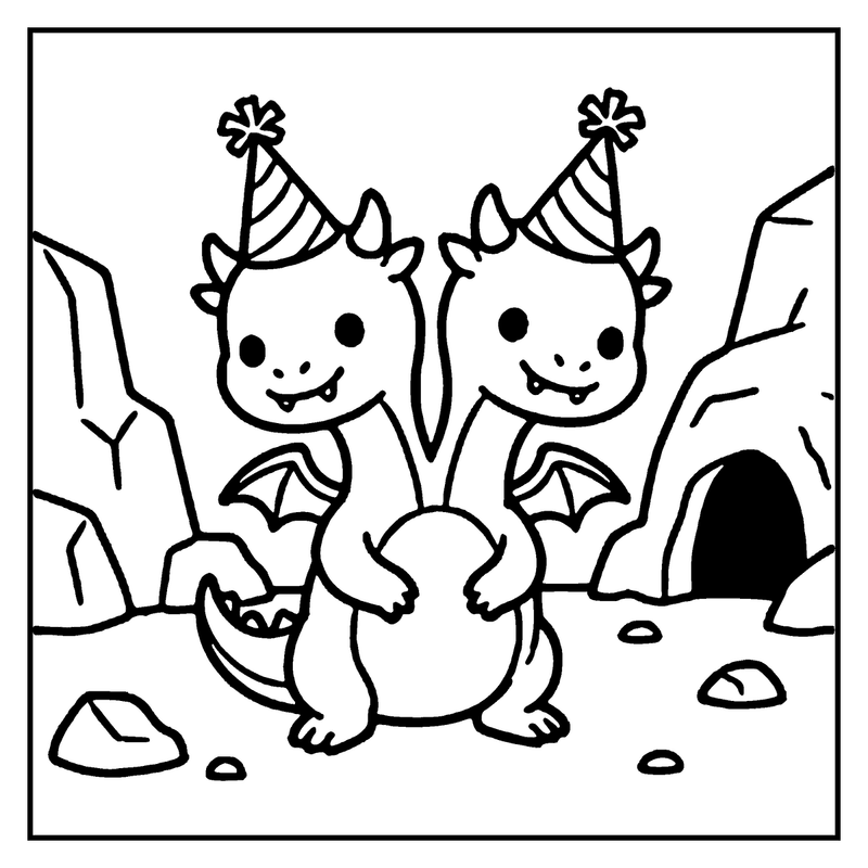 Two cute baby dragons wearing party hats stand next to a cave entrance, a monster coloring page