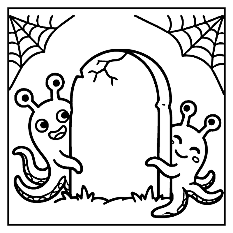 Two cute, cartoonish monsters with antennae and big eyes are standing next to a tombstone, surrounded by cobwebs and grass