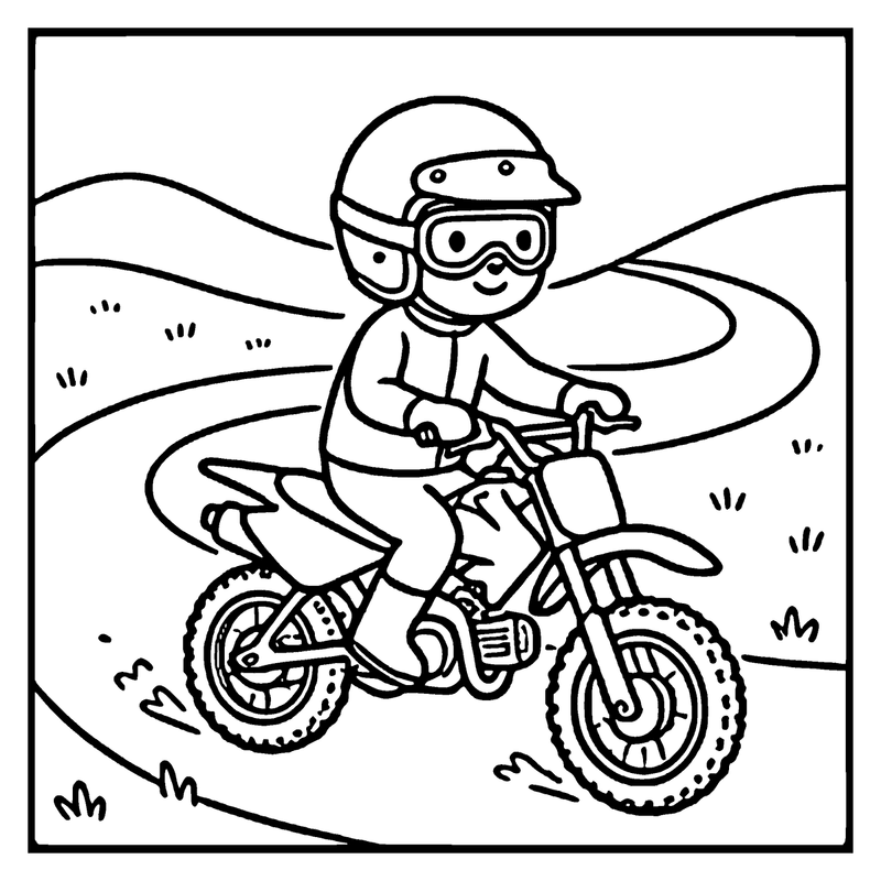 A child riding a dirt bike on a winding dirt track, wearing a helmet and goggles, a motorcycle coloring page