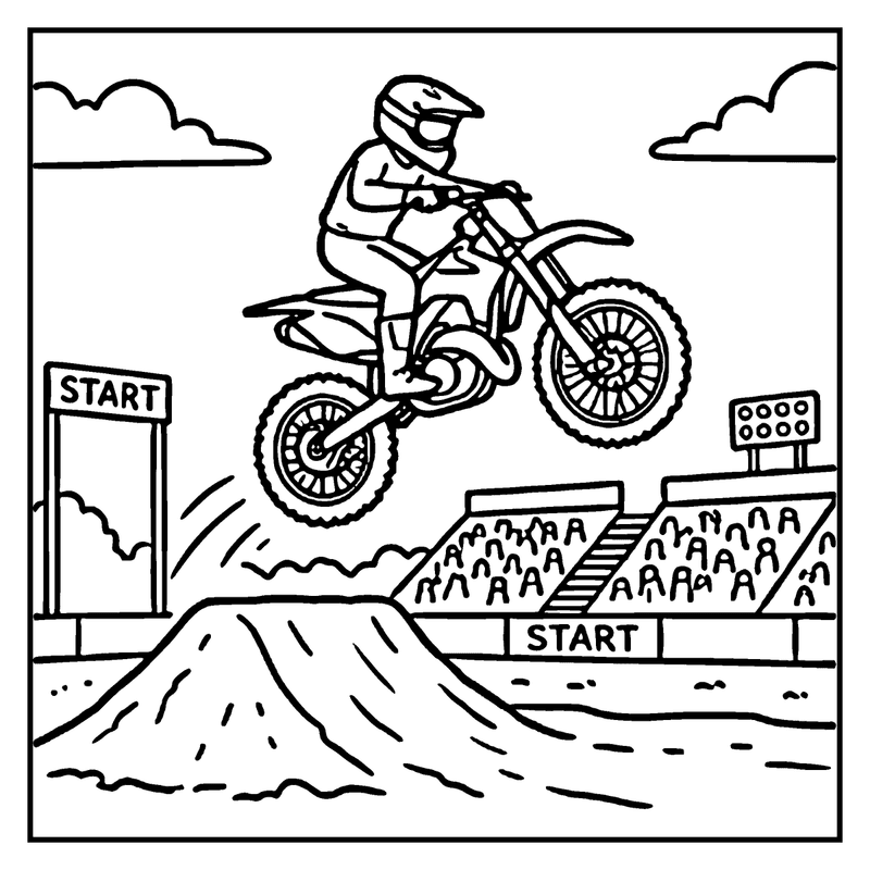 A dirt bike rider in mid-air over a jump, wearing a helmet, with a "START" sign nearby, a motorcycle coloring page