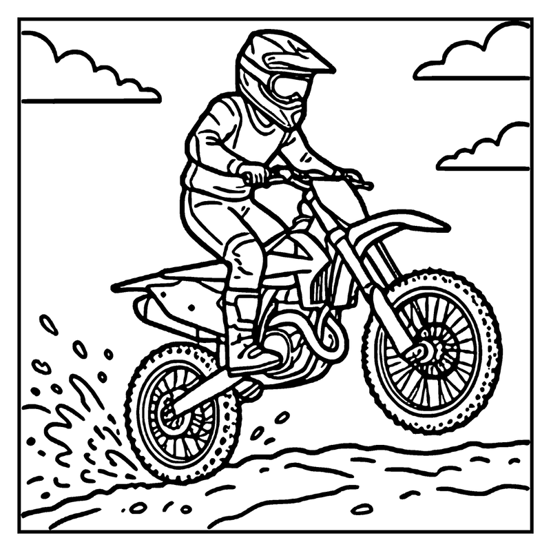 A dirt bike rider speeds across a sandy beach, kicking up sand as they navigate the terrain, a motorcycle coloring page