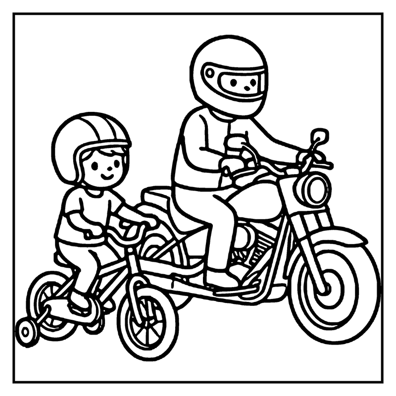 A father and son are riding a motorcycle together, both wearing helmets, in a simple, black and white drawing, a motorcycle coloring page