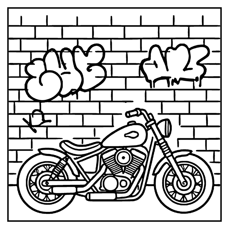 Motorcycle leaning against a brick wall with graffiti hands giving the peace sign, a motorcycle coloring page