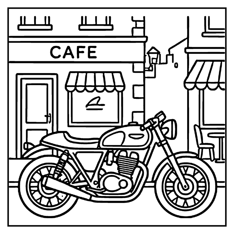 Motorcycle parked outside a cafe with striped awning and chimney, a motorcycle coloring page