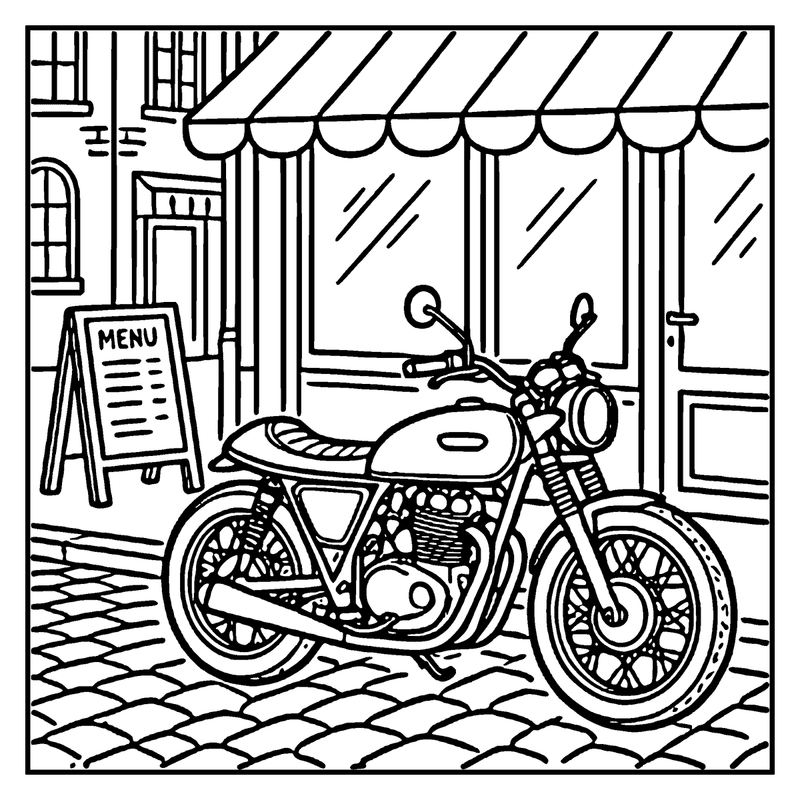 Motorcycle parked outside a quaint cafe with a menu sign in the background, a motorcycle coloring page