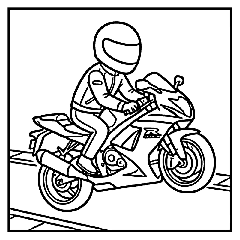 Motorcycle racer speeding on a racetrack, wearing a helmet and racing suit, a motorcycle coloring page
