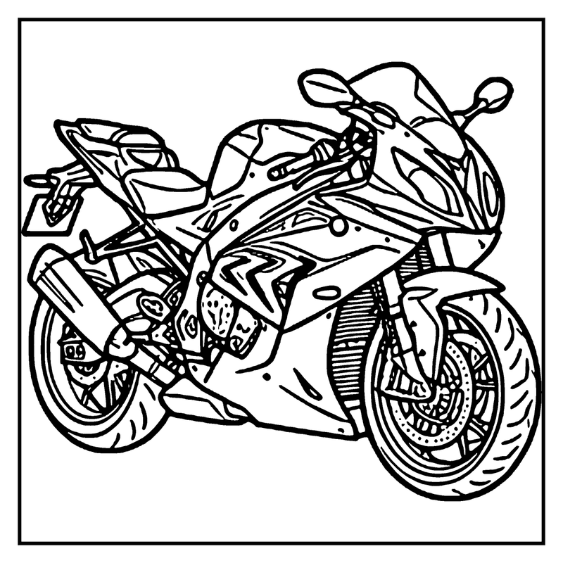 Motorcycle racing on a track, with a rider in the seat, a motorcycle coloring page