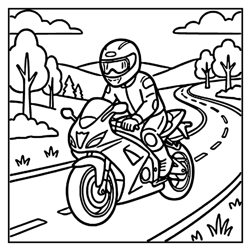Motorcycle rider speeding on winding road, surrounded by trees and clouds, a motorcycle coloring page