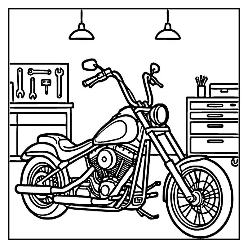 A motorcycle sits in a workshop with tools and a toolbox nearby, a motorcycle coloring page