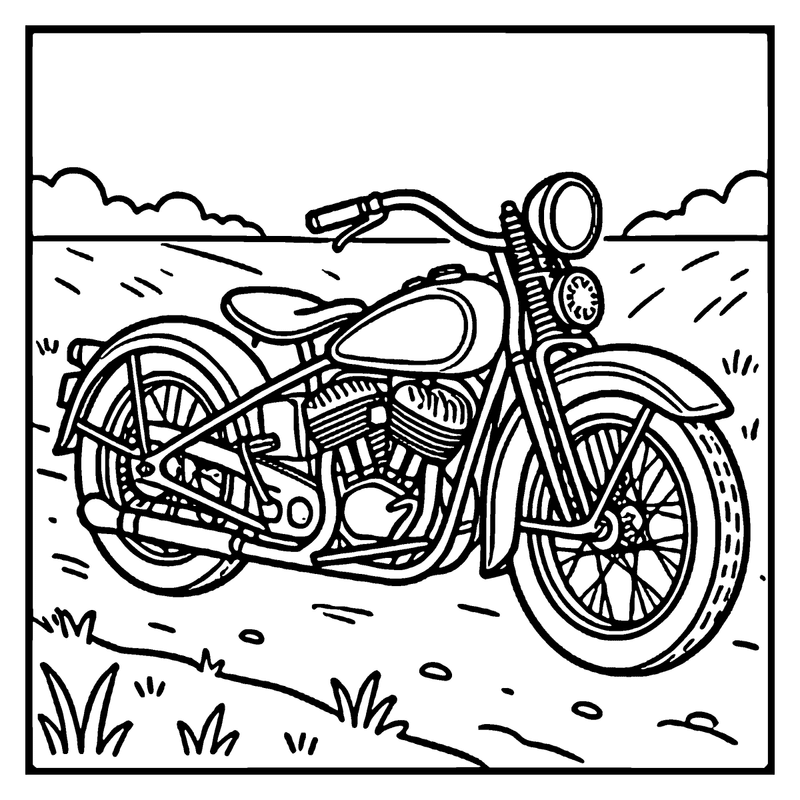 Motorcycle speeding on a dirt road, surrounded by grass and clouds, a motorcycle coloring page