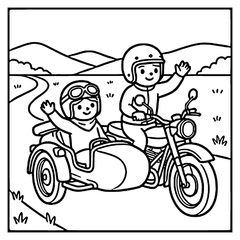 A motorcycle with a sidecar is traveling on a winding road, with a smiling rider and passenger waving, surrounded by hills and a clear sky, a motorcycle coloring page