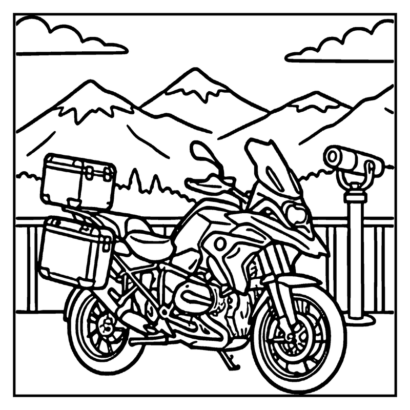 Motorcycle with luggage and binoculars, parked by a railing, mountains in the background, a motorcycle coloring page