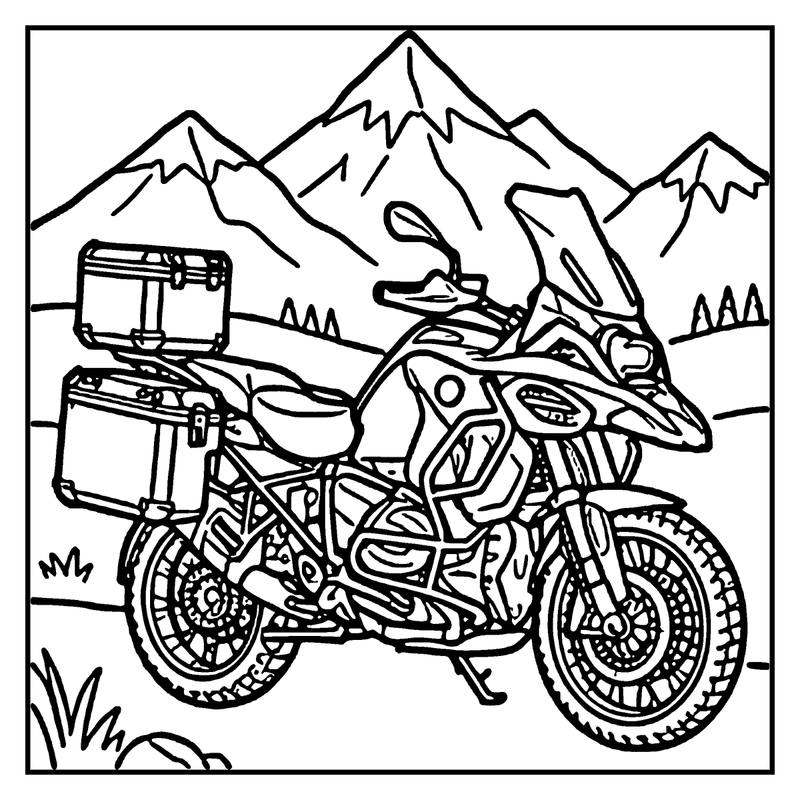 Motorcycle with luggage on a mountainous landscape, a motorcycle coloring page