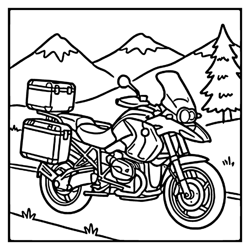 Motorcycle with saddlebags, riding on a winding road, mountains in the background, a motorcycle coloring page