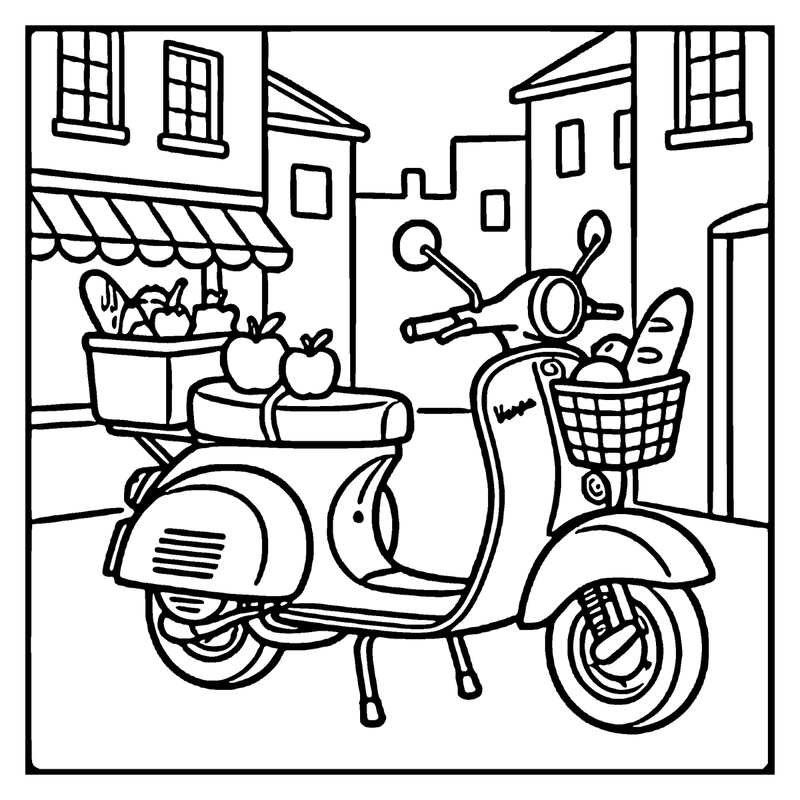A scooter carries apples and bread, parked in front of a store with an awning, a motorcycle coloring page