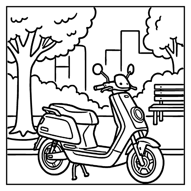 Scooter parked near a tree, bench, and city skyline, a motorcycle coloring page