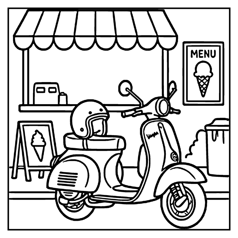 A scooter with a helmet sits outside an ice cream shop, under a striped awning, with an ice cream menu hanging nearby, a motorcycle coloring page