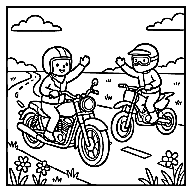 Two motorcyclists waving at each other on a sunny day, a motorcycle coloring page