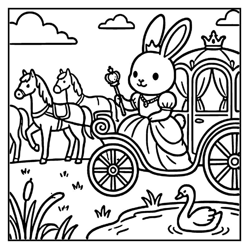A bunny in a carriage, holding a wand, rides with two horses, near a pond with a swan, a princess coloring page