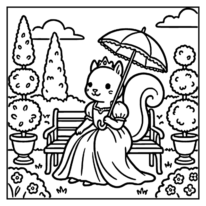 A cat princess sits on a bench, holding an umbrella, surrounded by potted plants and flowers