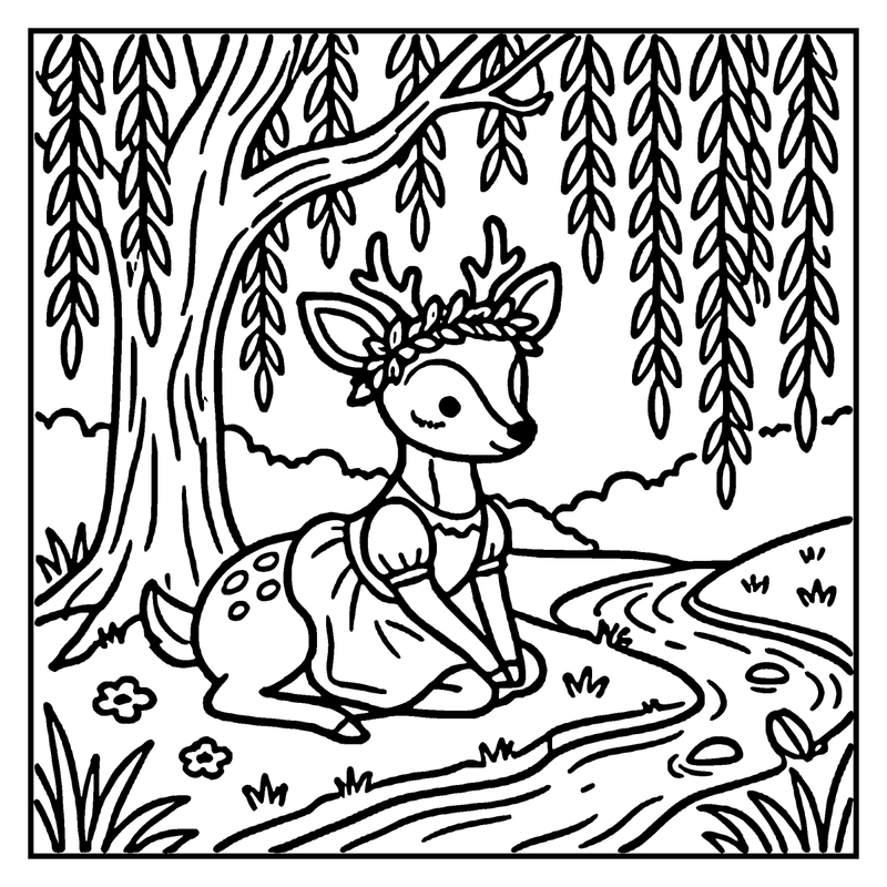 A deer sits by a stream, wearing a flower crown, surrounded by trees and flowers, a princess coloring page