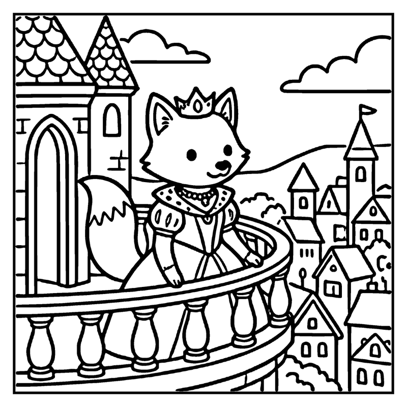 A fox wearing a crown and armor stands on a balcony overlooking a quaint village with quaint houses and a castle, a princess coloring page