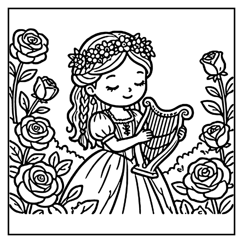 A girl holding a harp in a garden of roses, a princess coloring page