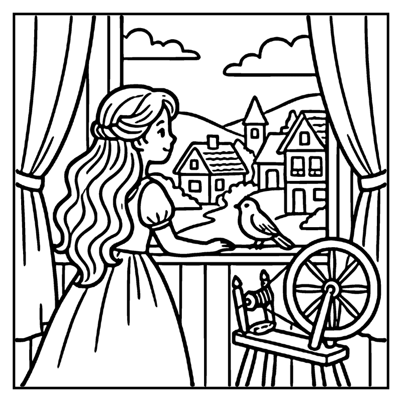 A girl in a dress is spinning yarn on a spinning wheel in a cozy room with curtains and a view of a quaint village, a princess coloring page
