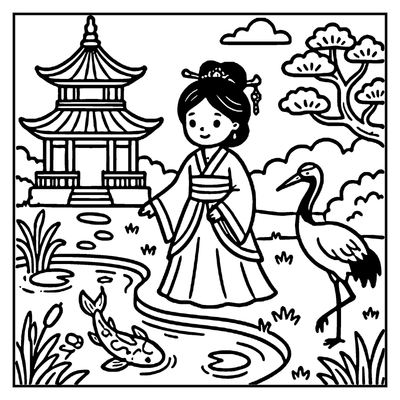 A girl in traditional attire stands by a pond, surrounded by a pagoda, a crane, and a fish, a princess coloring page