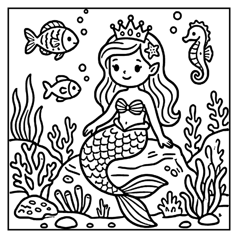 A mermaid sits on a rock surrounded by seaweed, fish, and a seahorse, wearing a crown and a bow, a princess coloring page