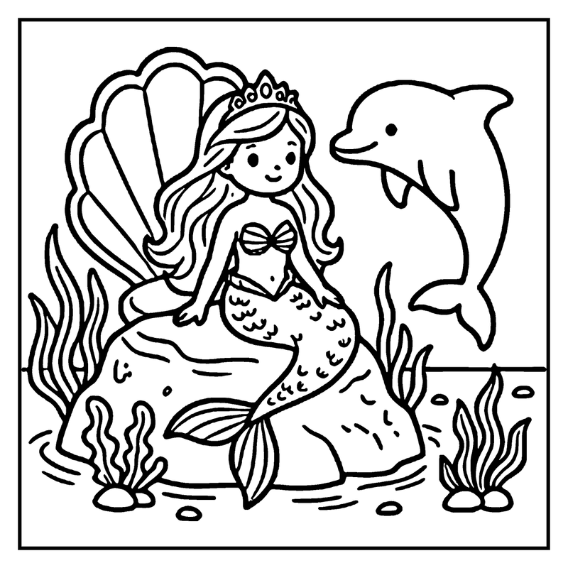 A mermaid with a crown and tail sits on a rock, smiling at a dolphin as seaweed and bubbles surround them, a princess coloring page