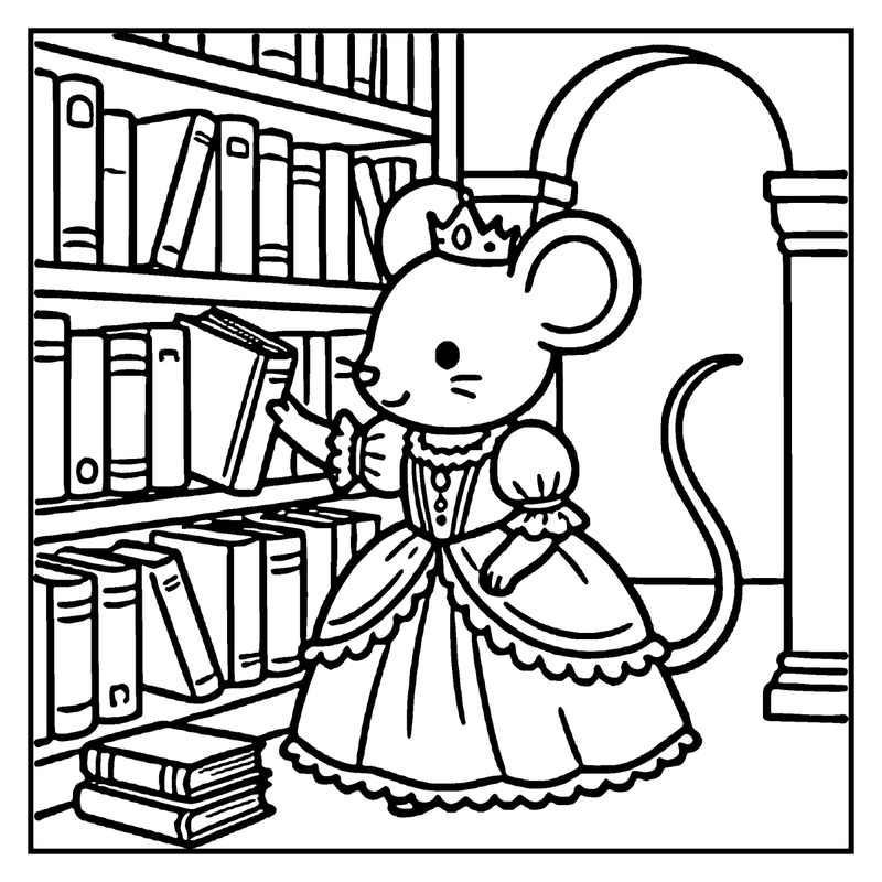 A mouse princess in a fancy dress is looking at a book on a bookshelf