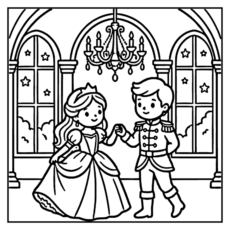 A princess and prince are dancing in a grand hall with a chandelier, arched windows, and stars