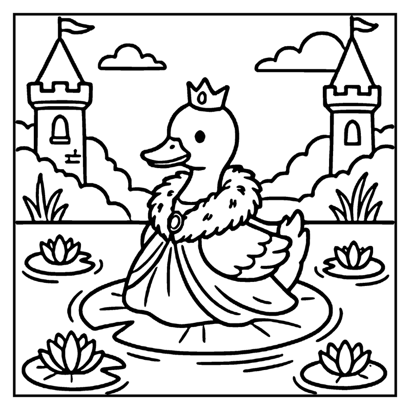 A princess duck wearing a crown and gown floats on a pond with lily pads and two castles in the background