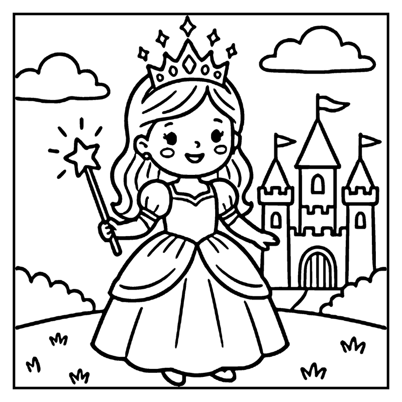 A princess holds a magic wand, stands in front of a castle, and smiles