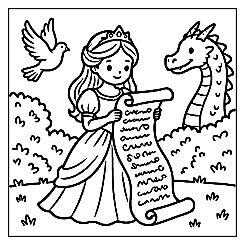 A princess holds a scroll, a dragon watches, a dove flies, bushes and grass surround them