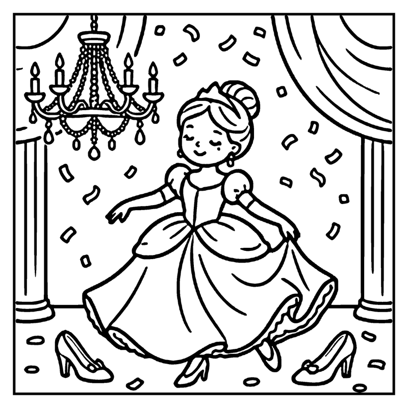 A princess in a ball gown is twirling, surrounded by falling confetti, a chandelier, and columns