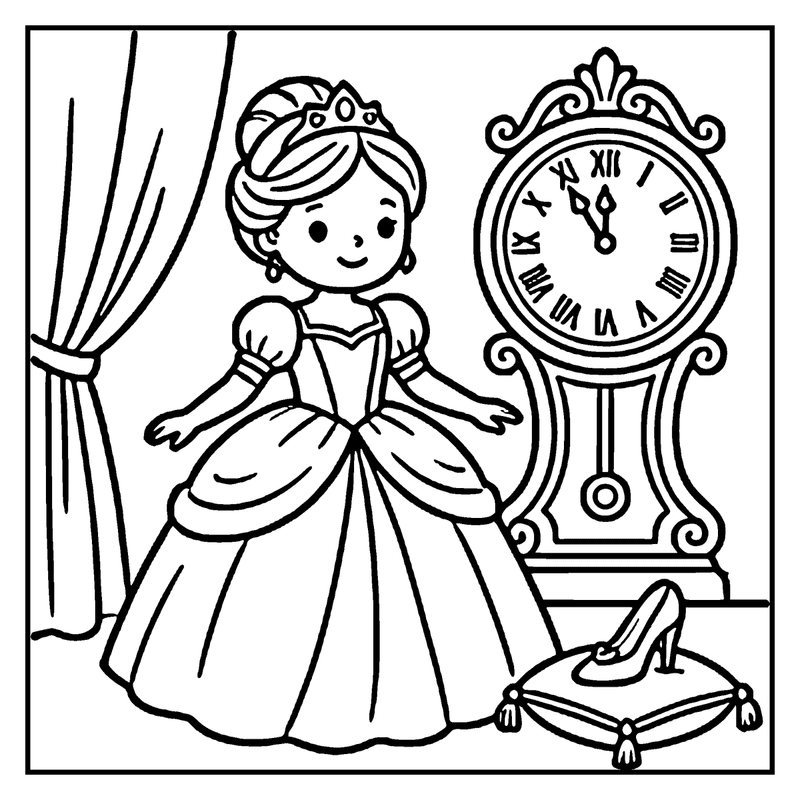 Princess in a ball gown stands next to a clock and a pillow