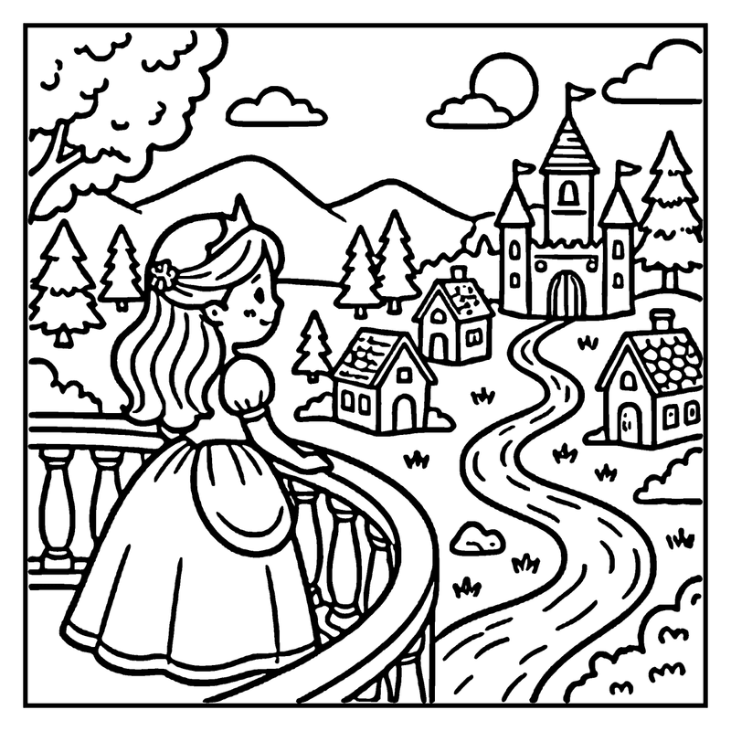 A princess in a dress gazes at a castle and village in a picturesque landscape