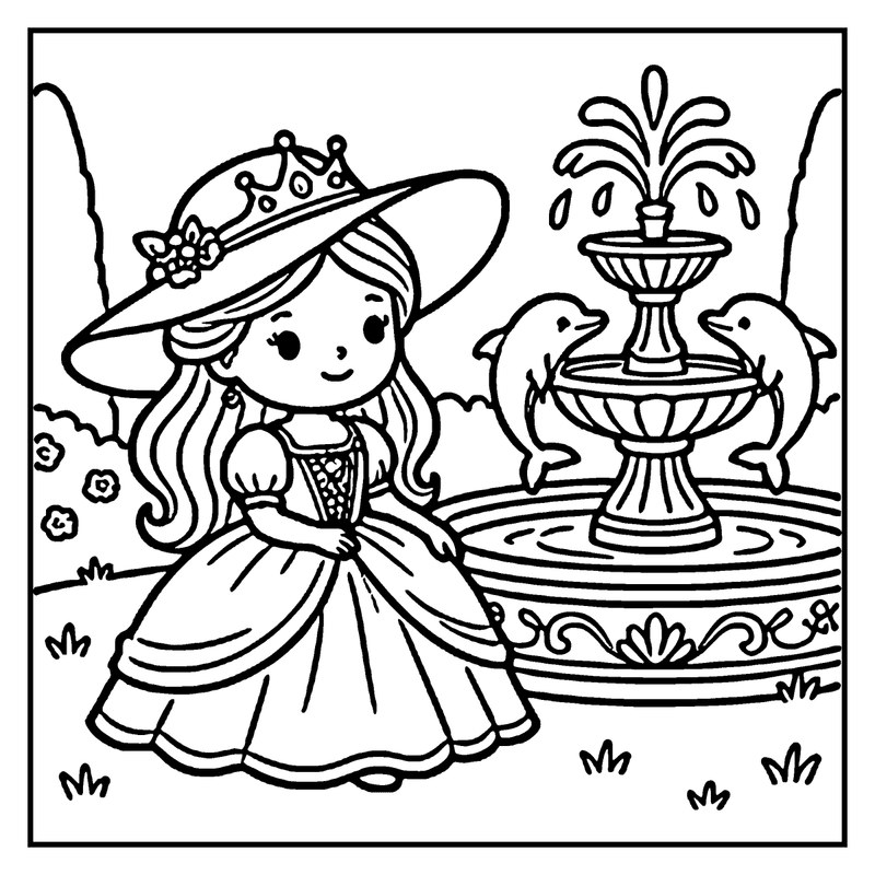 A princess in a fancy dress and hat stands next to a fountain with two dolphins
