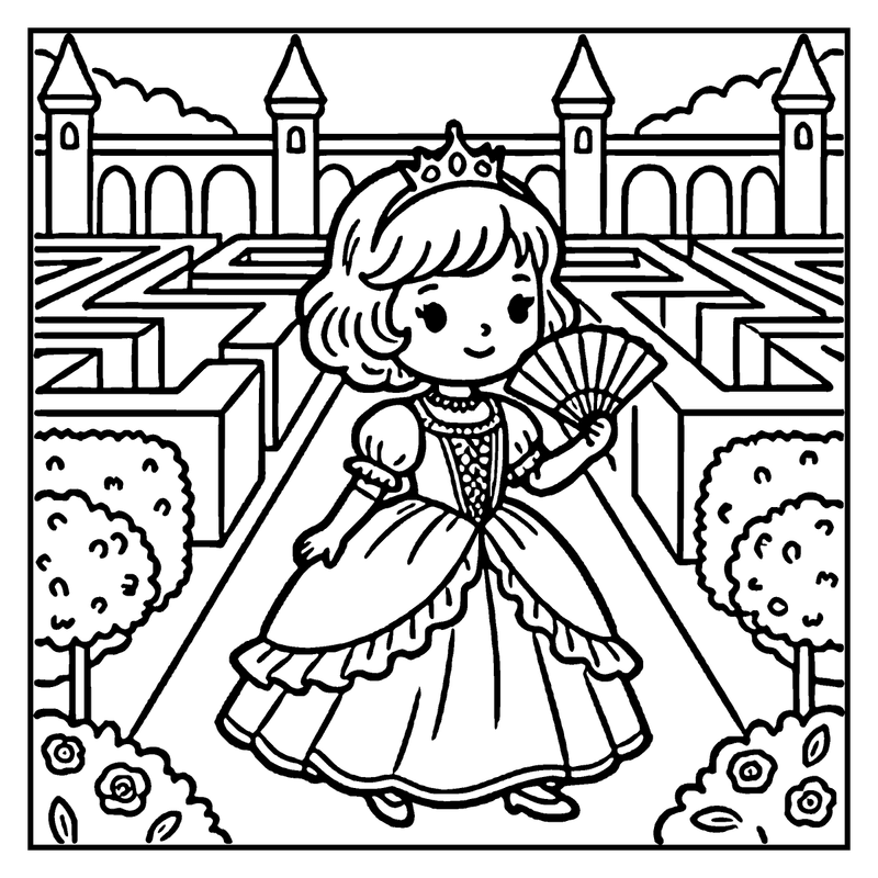 A princess in a fancy dress stands in a garden with a castle in the background